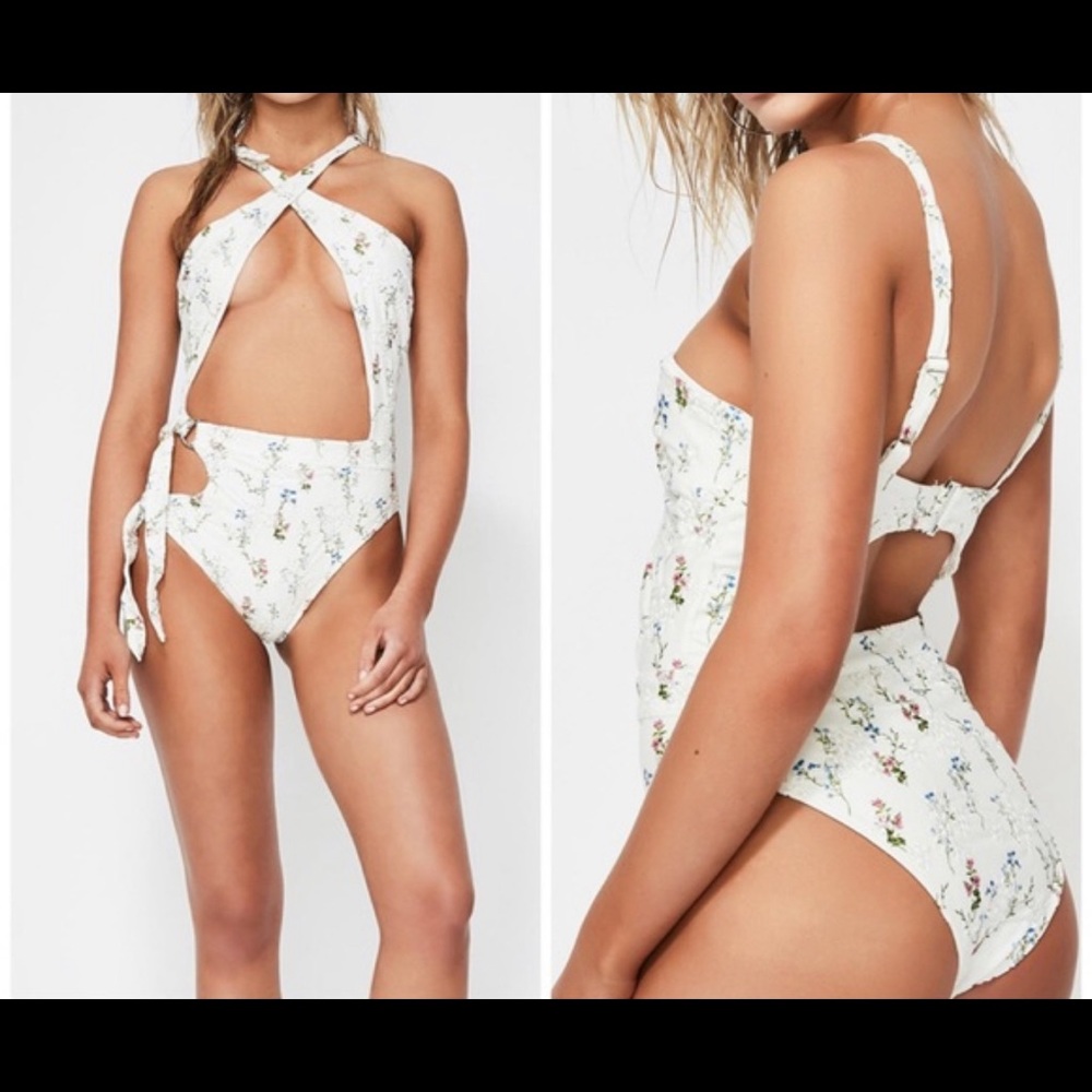 For Love and Lemons Criss Cross Eyelet Floral Swimsuit